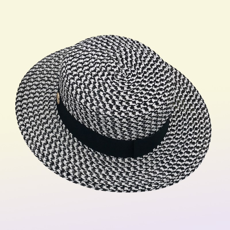 Highgrade Summer Black White Plaid Wide Brim Flat Top Boater Hat Spring Women Grass Braid Sun Hat Party Wedding Formal Cap