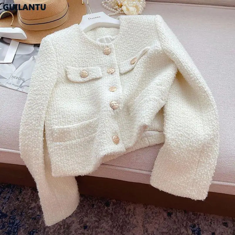 Spring Autumn Korean Y2k Chic Female Tweed Basic Jacket Coat Women Clothing O Neck Long Sleeve Woolen Short Outerwear 240118