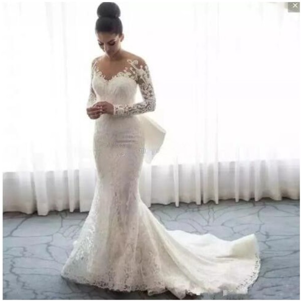 Lace Mermaid sheer illusion Wedding Dresses Sheer Neck Long Sleeves Appliques bow Saudi Arabic bridal Gowns With Detachable Train buttons Bridal Dress