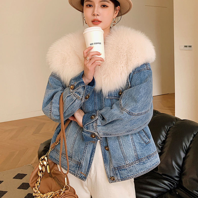 OC468M36 Winter Women's Down Jacket Denim Long Sleeved Jacket Fashionable Style of Fox Collar White Goose Down Fur