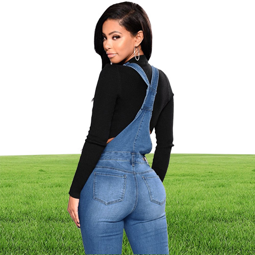 New Women Denim Overalls Ripped Stretch Dungarees High Waist Long Jeans Pencil Pants Rompers Jumpsuit Blue Jeans Jumpsuits j1