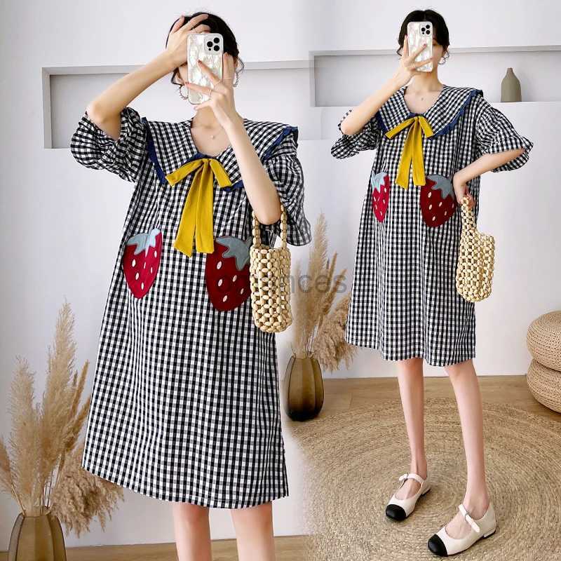 Sleep Lounge Summer Sweet Pregnant Women Pajamas Dress with Short Sleeves Bowknot Turn-Down Collar Fashion Maternity A-Line Plaid Dress Cutez240119