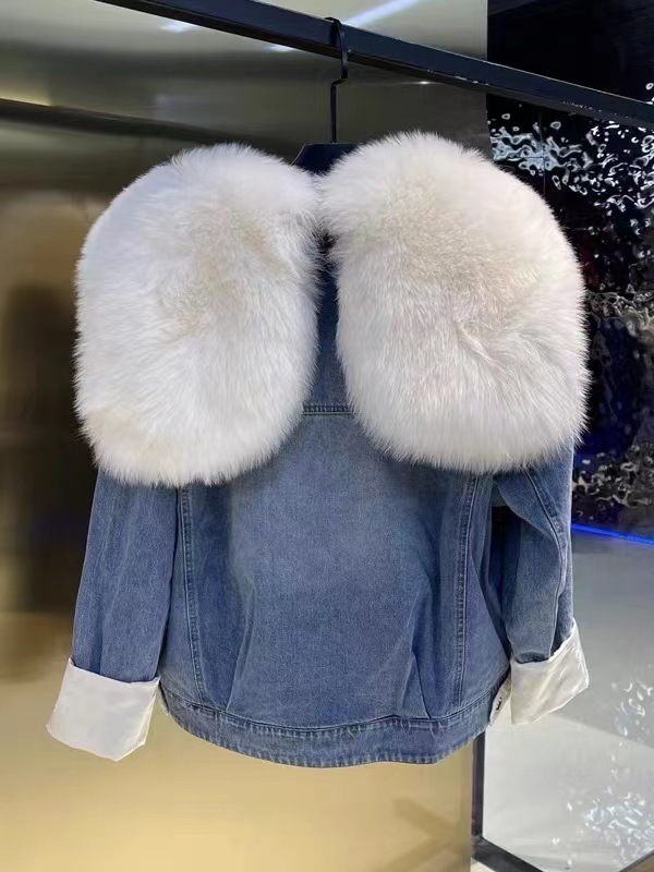OC468M36 Winter Women's Down Jacket Denim Long Sleeved Jacket Fashionable Style of Fox Collar White Goose Down Fur
