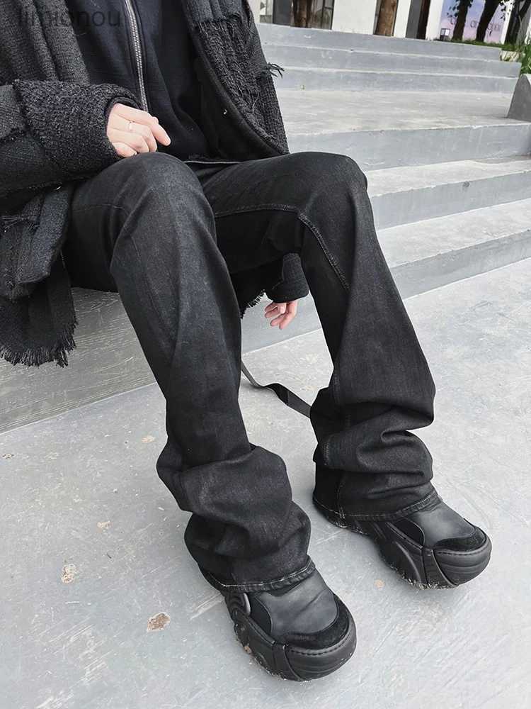 Men's Jeans REDDACHIC Black Wax Coated Flare Jeans Men Stretchy Fitted Matte Textured Bootcut Pants Patchwork Vintage Y2k Hip Hop TrousersL240119