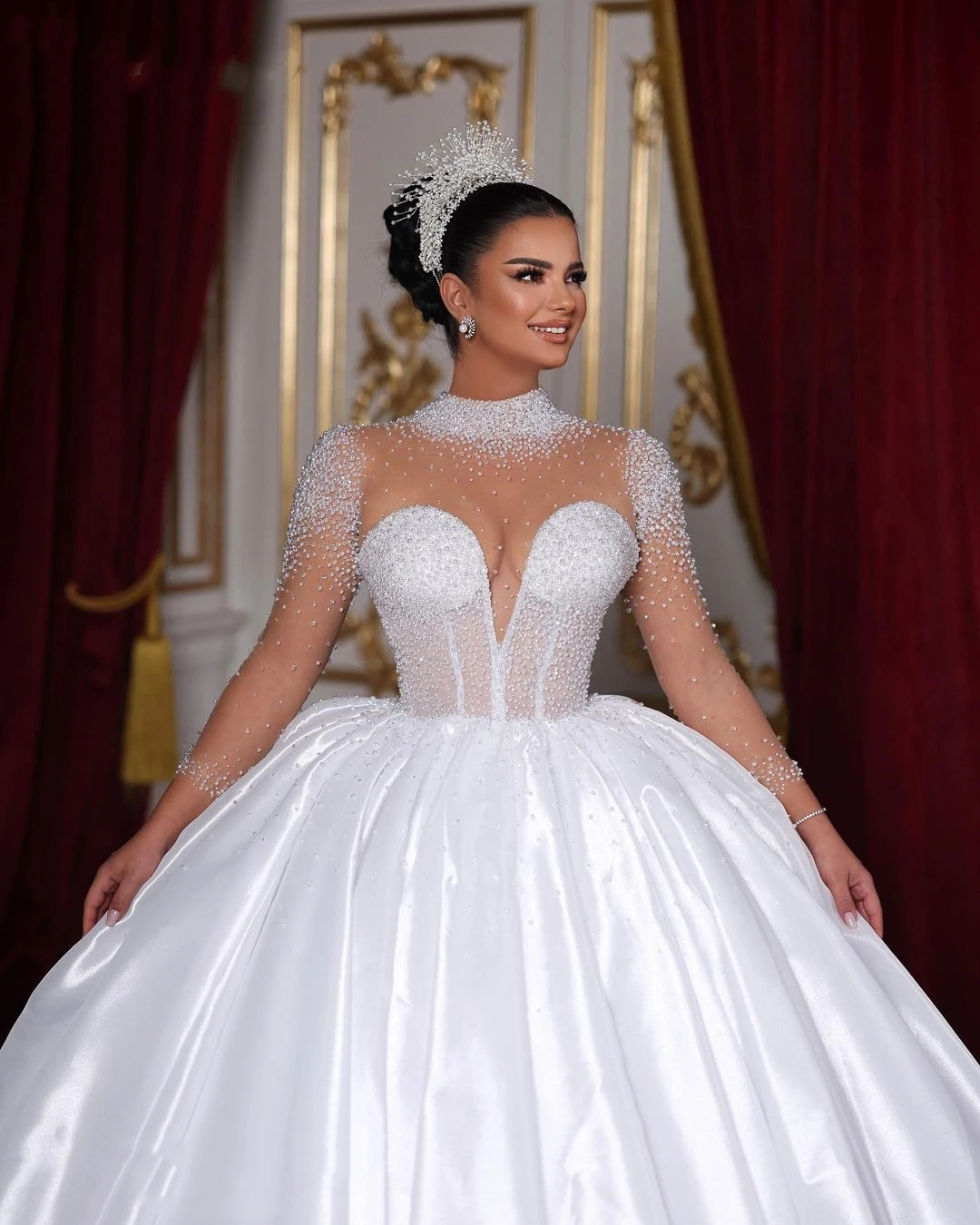 intage Pearls Beaded Wedding Dresses High Collar Long Sleeves Bride Dress Pleat Ball Gown Custom Made Robes De Mariee 0516