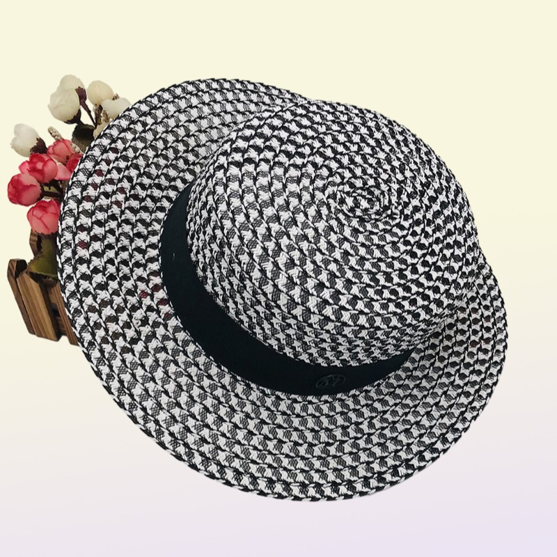 Highgrade Summer Black White Plaid Wide Brim Flat Top Boater Hat Spring Women Grass Braid Sun Hat Party Wedding Formal Cap