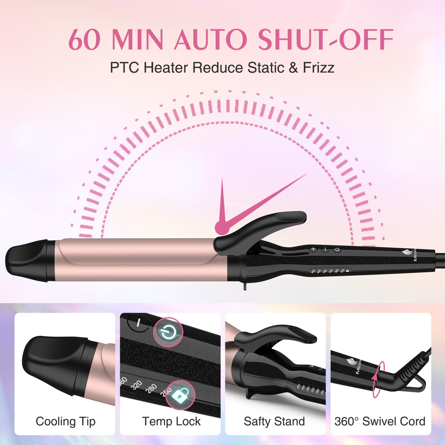 MiroPure Curling Iron, Hair Curling Iron with Ceramic Coating, Professional Curling Wand, Fast Heating up to 450°F, Wide Voltage for Worldwide