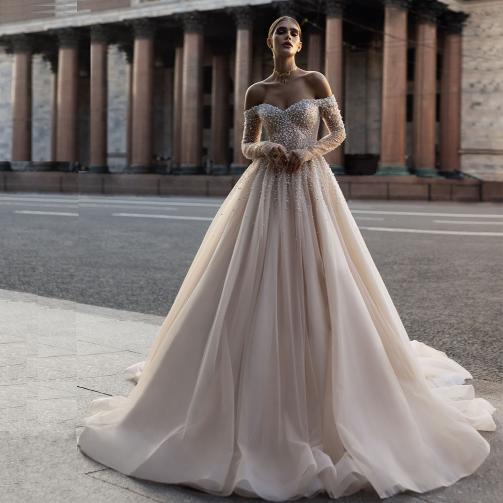 The Ful Off Shoulder Wedding Dress Sparkly Sequins Pearls Bridal Dresses Long Sleeve A E Robe De Mariee Es