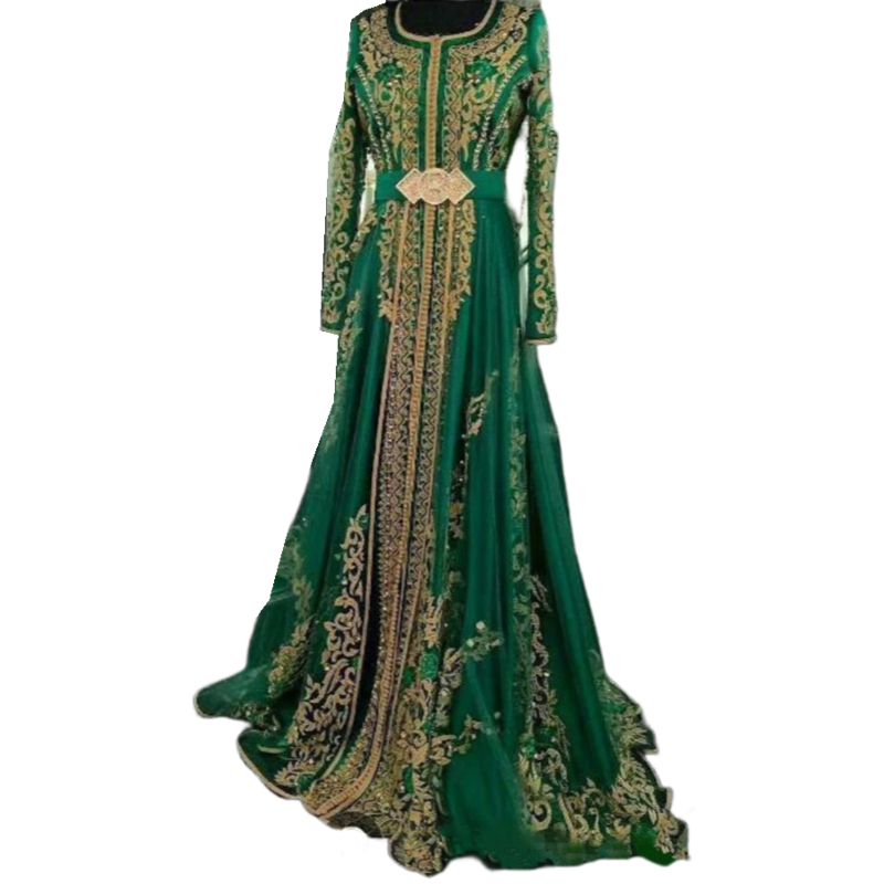 Elegant Arabic Kaftan Dark Green Evening Dresses Long Sleeves A Line Dubai Turkish Formal Party Gowns Gold Lace Crystals Moroccan Prom Occasion Dress 