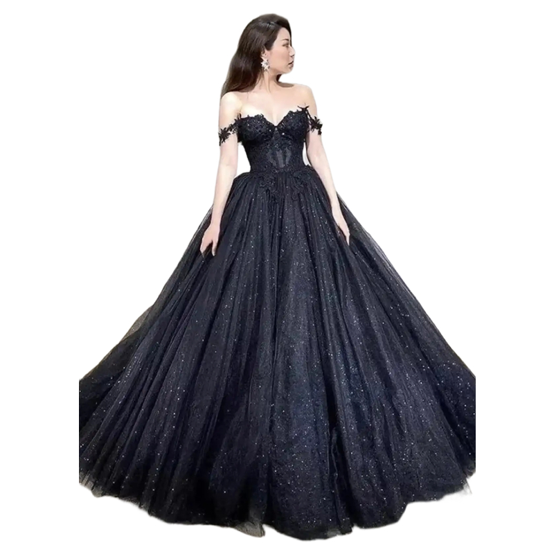Gothic Black A Line Wedding Dresses Glitter Sequined Tulle Off The Shoulder Long Bridal Gowns Lace Appliques Sleeveless Corset Bride Dress 2024 Newest