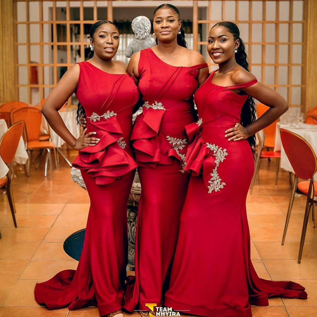 Junior Dresses Red Mermaid Pleated Beaded Lace Satin Long Bridesmaid Dress For African Arabic Black Women Guest's Wear in Wedding NR005