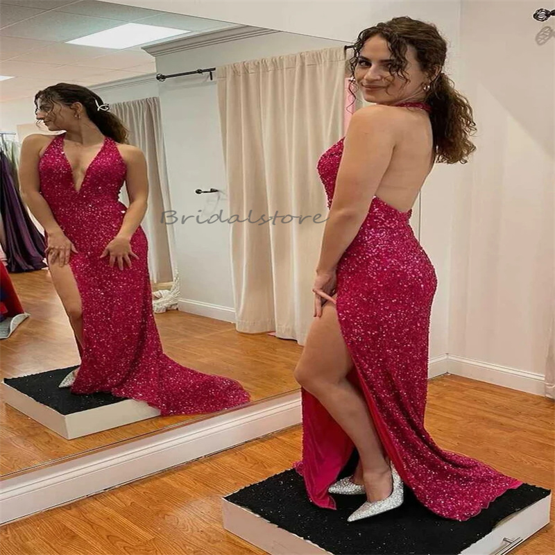 Shine Black Sequin Prom Dress With Slit Sexy Halter V Neck Floor Length Evening Dress Backless Floor Length Dance Birthday Party Gowns 2024 Special Oc