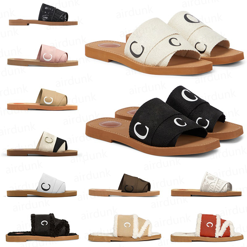 Woody sandals women Mules fluffy flat mule slides Light tan beige white black pink lace Lettering Fabric fuzzy fur canvas slippers designer women