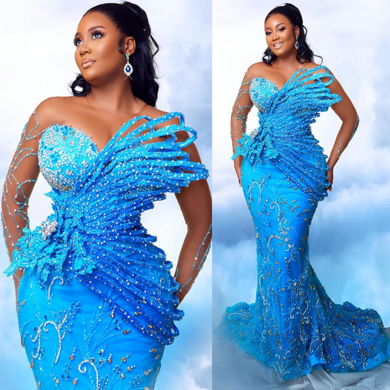 2024 Aso Ebi Blue Mermaid Prom Dress Sequined Beaded Crystals Evening Formal Party Second Reception Birthday Engagement Gowns Dresses Robe De Soiree Z