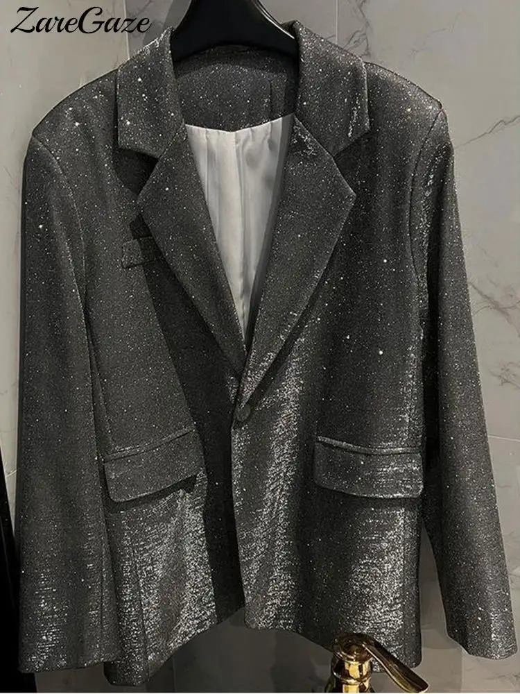 Shiny Sequined Fashion Loose Coat Women Long Sleeve Pockets Single Button Female Overcoats Autumn Elegant Party Lady Coats 240118