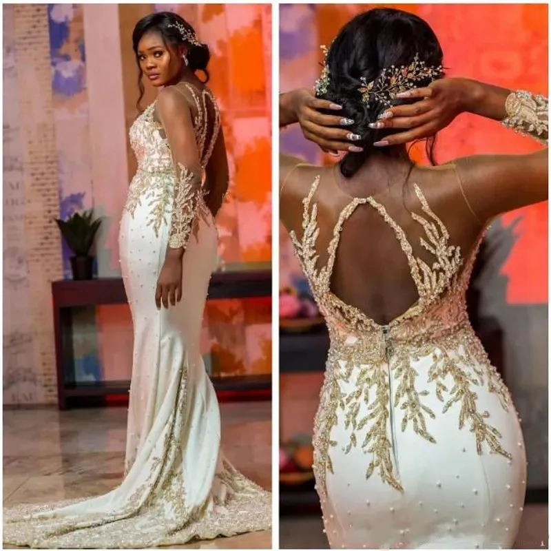 Wedding Mermaid Dresses Bridal Gown Gold Lace Applique Scoop Neck Long Sleeves Beaded Custom Made Vestidos De Novia Or Length Beach Garden Plus Size
