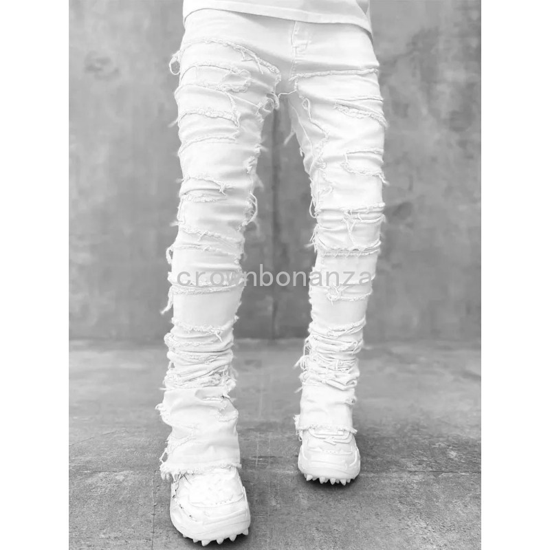 Men's Jeans Stretched White Stacked High Street Hip- Trousers For Male Patchwork Damaged Full Length Denim Pants