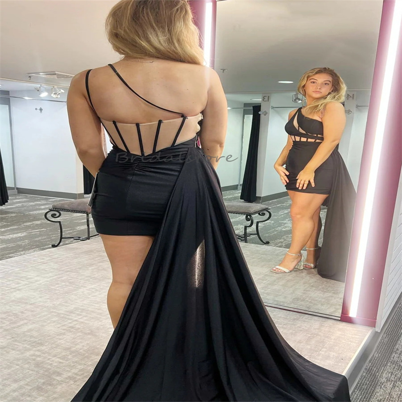 Sexy One Shoulder Black Prom Dress Bodice Mini Short Cocktail Party Dress 2024 Sexy Dinner Evening Dress With Attached Train Elegant Backless Vestios 
