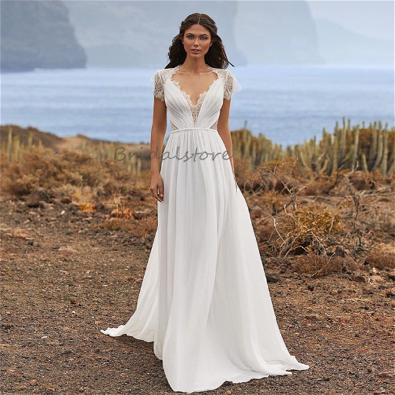 Chic Chiffon Boho Wedding Dress Pleated 2024 Lace Back Cap Sleeve Bridal Dresses Sweep Train Bohemian Summer Beach Bride Dress Robe De Mariee V Neck V