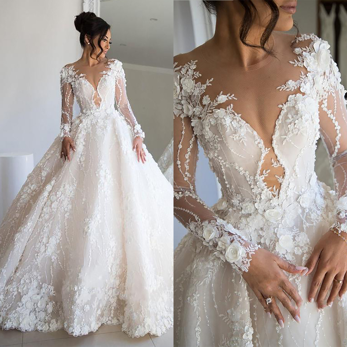 Exquisite Ball Gown Wedding Dresses V-neck 3D-Floral Appliques Lace Long Sleeves Backless Zipper Court Gown Custom Made Bridal Gown Plus Size Vestidos
