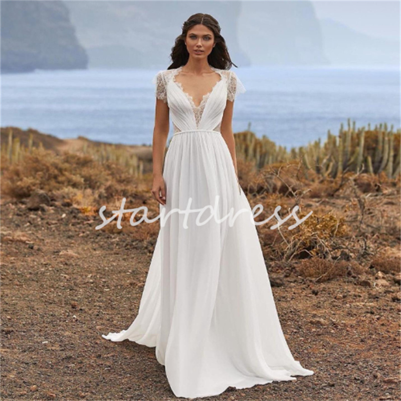 Chic Chiffon Boho Wedding Dress Pleated 2024 Lace Back Cap Sleeve Bridal Dresses Sweep Train Bohemian Summer Beach Bride Dress Robe De Mariee V Neck V
