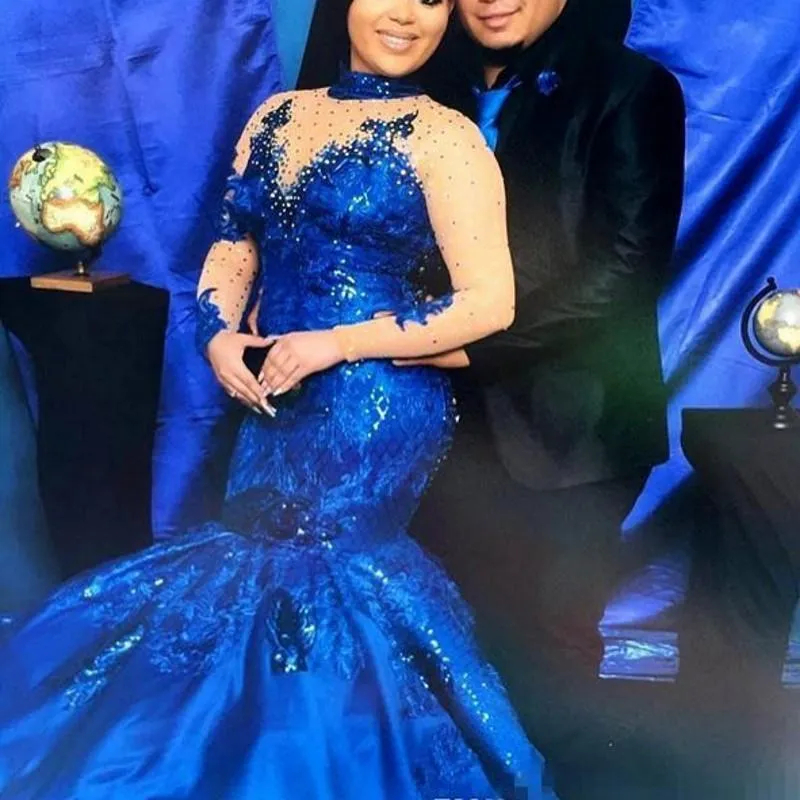 Mermaid Classic Royal Blue Prom Dresses With Illusion Long Sleeves Beaded High Neck Lace Appliqued Formal Ocn Gowns Plus Size Elegant Evening Dress