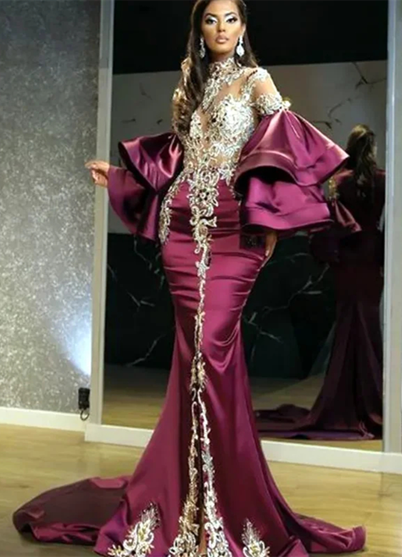 Poet Long Sleeves Mermaid Prom Dresses Split Front Lace Appliques Beaded High Neck Illusion Sexy Formal Evening Gowns For Women Court Train Special Oc