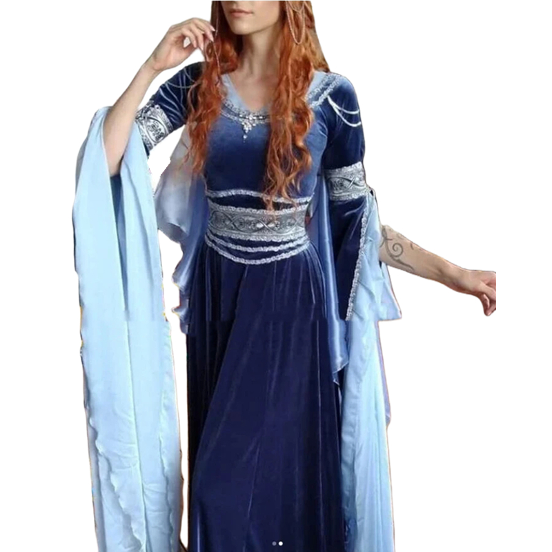 Vintage Victorian Prom Dresses Flare Long Sleeves Lace Appliques Beaded Navy Velvet Masquerade Dress Medieval Special Occasion Gowns For Women 2024