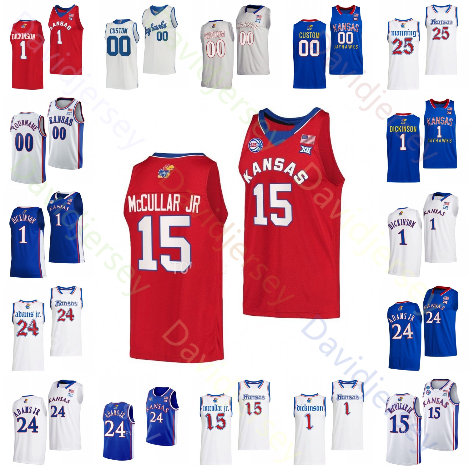 Ncaa 2024 Kansas Jayhawks Basketball Jersey - Mccullar Jr. Dickinson Adams Jr. Harris Jr. Furphy Jackson Agbaji Manning