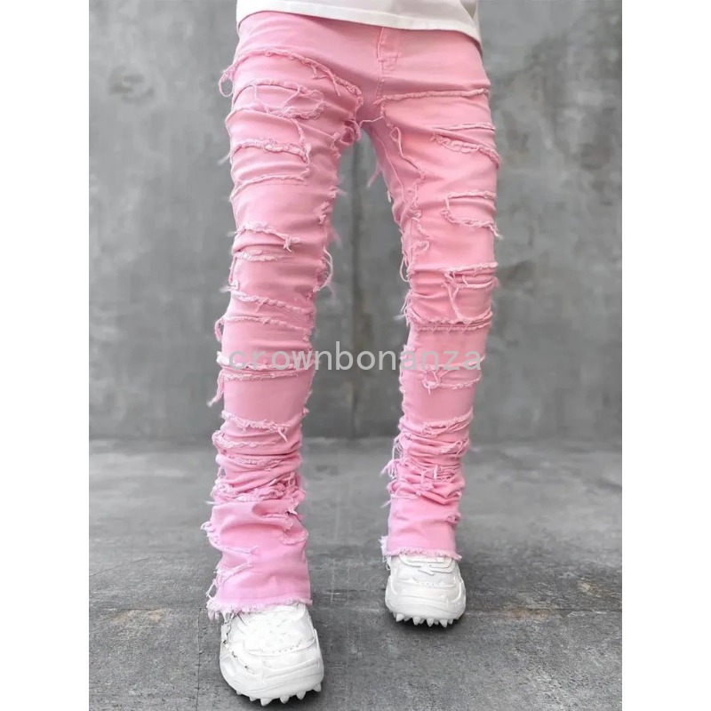 Men's Jeans Stretched White Stacked High Street Hip- Trousers For Male Patchwork Damaged Full Length Denim Pants