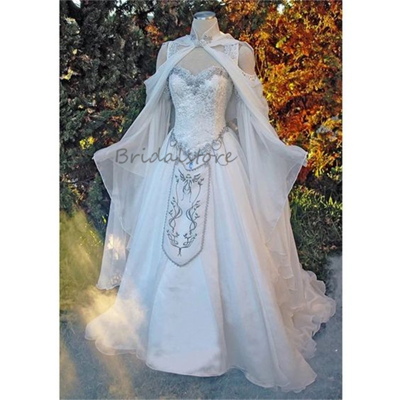 Medieval Wedding Dresses Elven Cape Hood Fairy Long Sleeves Lace Embroidery Renaissance Celtic Bridal Gowns Fantasy Victorian Bride Gown Elf Robe De M