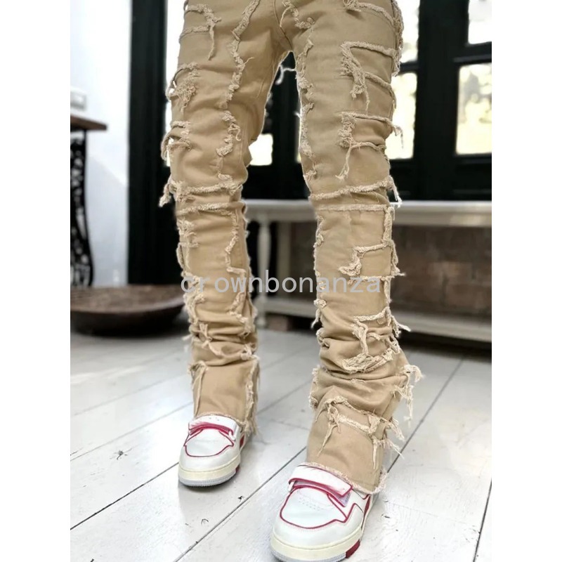 Men's Jeans Stretched White Stacked High Street Hip- Trousers For Male Patchwork Damaged Full Length Denim Pants