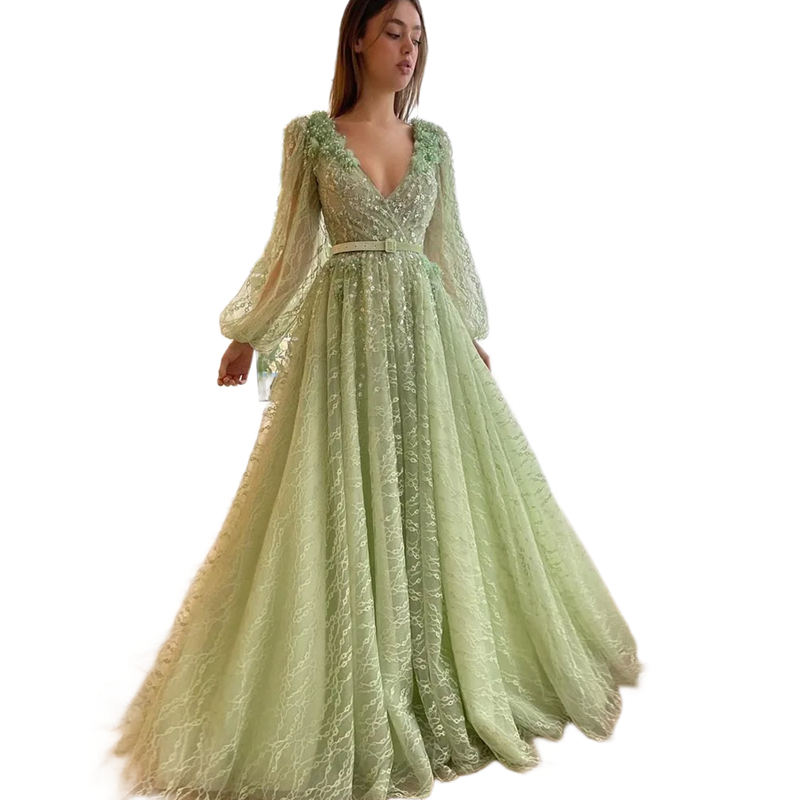 V-neck Sage Lace Prom Dresses Puff Long Sleeves Appliques Beaded Floor Length A Line Special Occasion Dress For Women 2024 Evening Dress