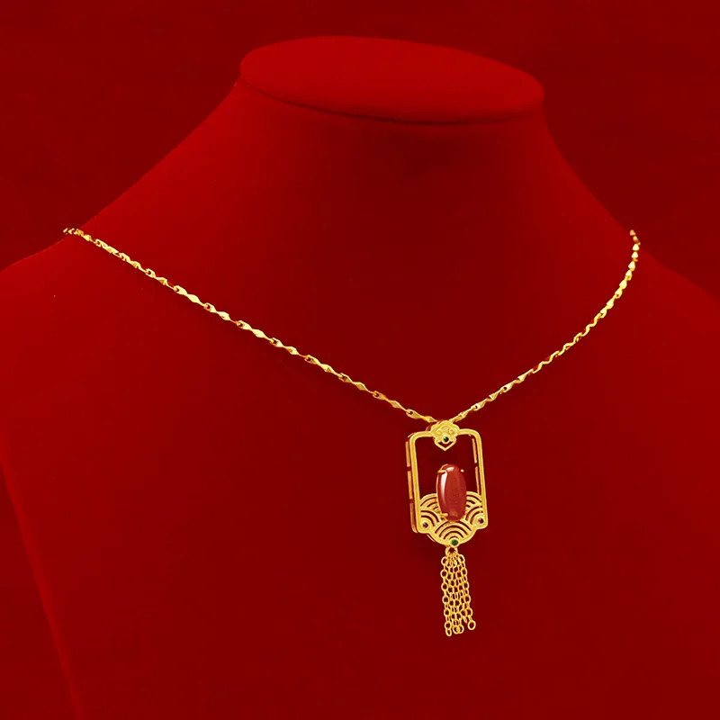 Pure 14 k Gold Necklace for Women Wedding Engagement Jewelry Natural Crystal Gemstone Long Tassel Pendant with Red Gems Stone 240119