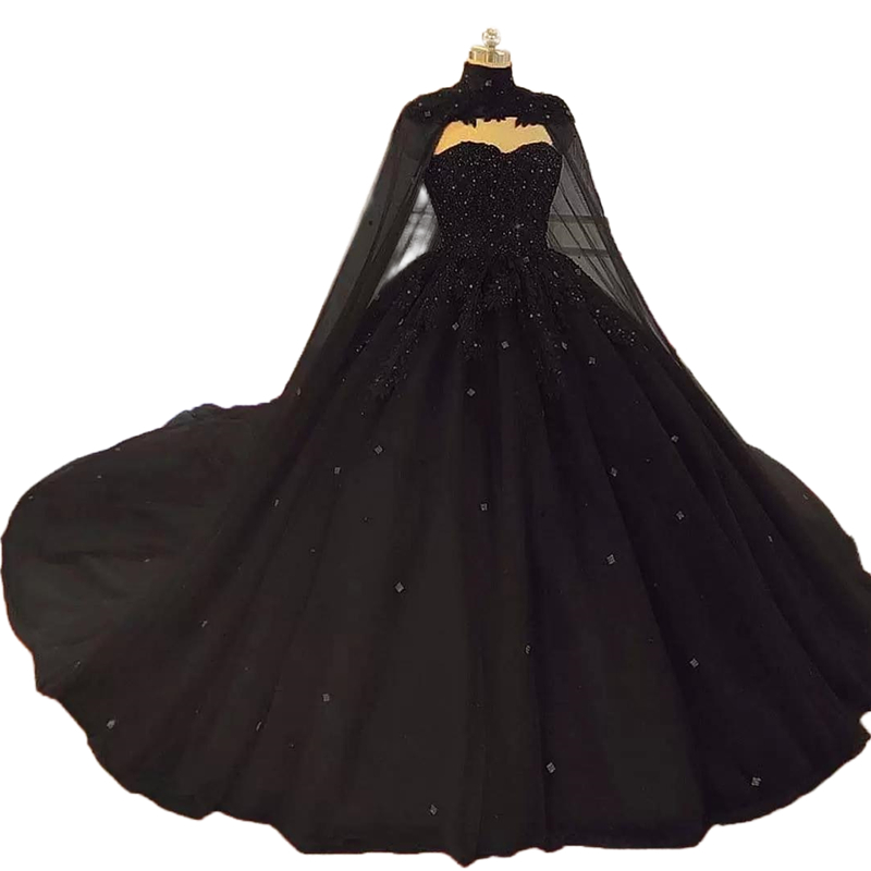 Black Gothic Wedding Dress With High Neck Wrap Lace Appliques Beaded Royal Ball Gown Special Occasion Dress Court Train Plus Size Bride Formal Wear 20