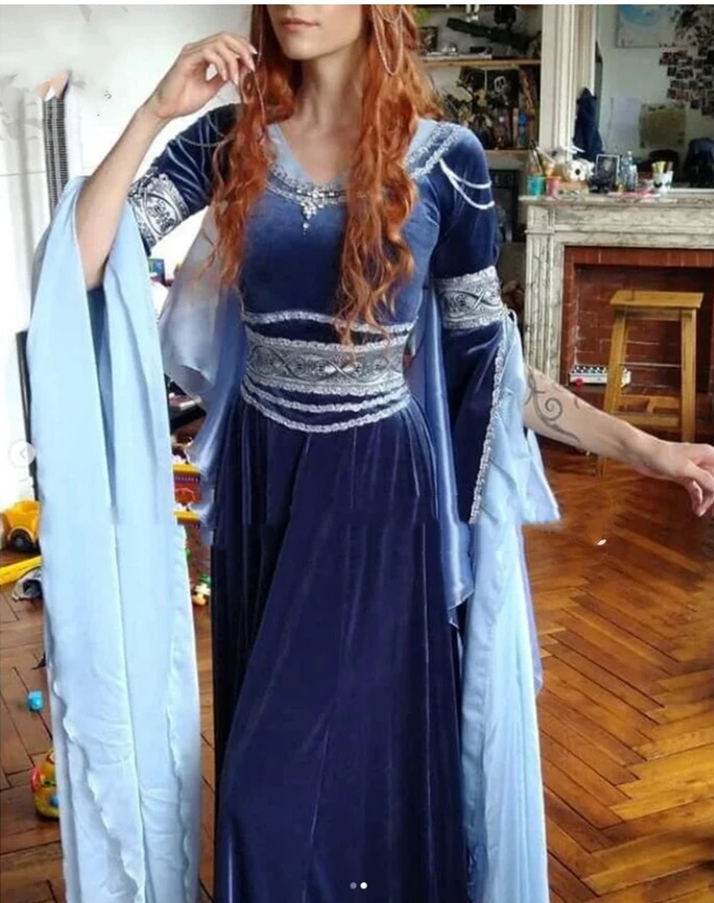 Vintage Victorian Prom Dresses Flare Long Sleeves Lace Appliques Beaded Navy Velvet Masquerade Dress Medieval Special Occasion Gowns For Women 2024