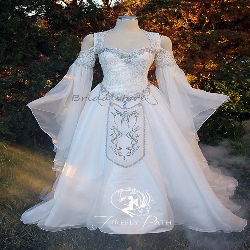 Medieval Wedding Dresses Elven Cape Hood Fairy Long Sleeves Lace Embroidery Renaissance Celtic Bridal Gowns Fantasy Victorian Bride Gown Elf Robe De M