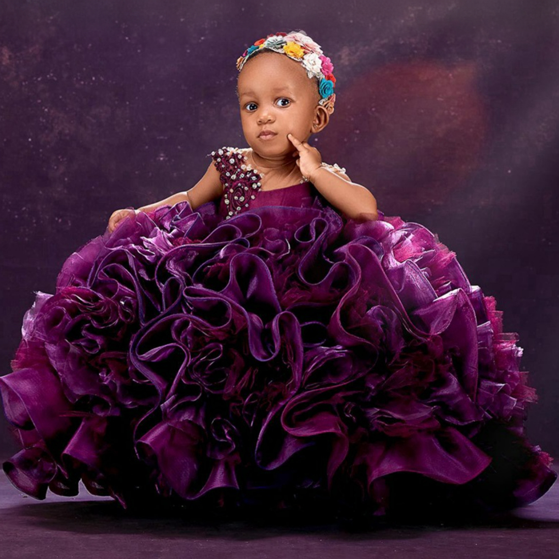 Grape Flower Girl Dresses Sheer Neck Pleated Ruffles Tiered Organza Pearls Beaded Princess Queen Ball Gowns Little Kids Birthday Party Gown for Weddin