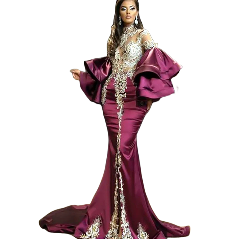 Poet Long Sleeves Mermaid Prom Dresses Split Front Lace Appliques Beaded High Neck Illusion Sexy Formal Evening Gowns For Women Court Train Special Oc