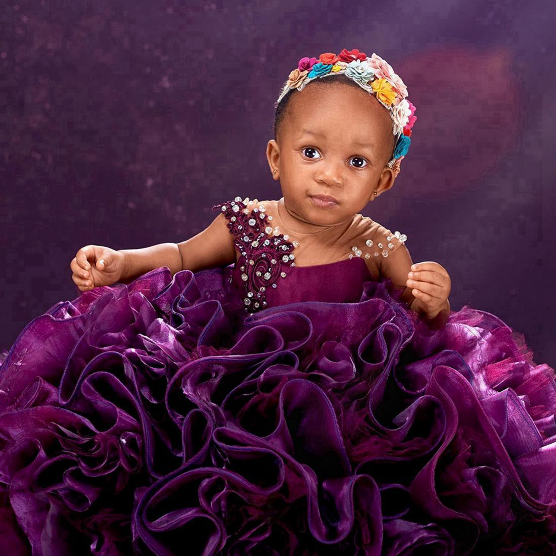 Grape Flower Girl Dresses Sheer Neck Pleated Ruffles Tiered Organza Pearls Beaded Princess Queen Ball Gowns Little Kids Birthday Party Gown for Weddin