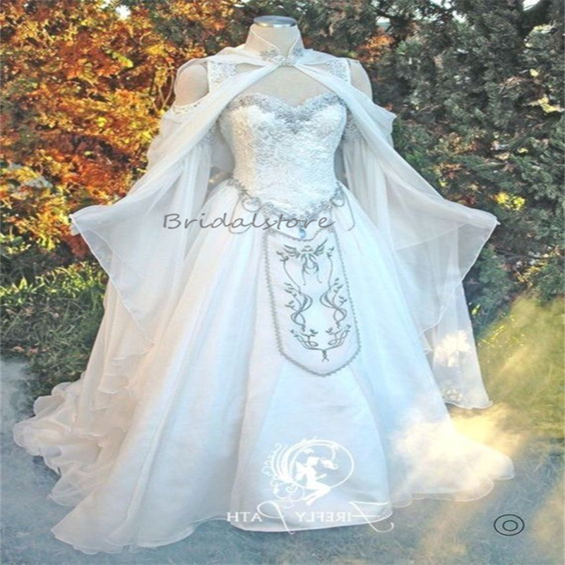 Medieval Wedding Dresses Elven Cape Hood Fairy Long Sleeves Lace Embroidery Renaissance Celtic Bridal Gowns Fantasy Victorian Bride Gown Elf Robe De M