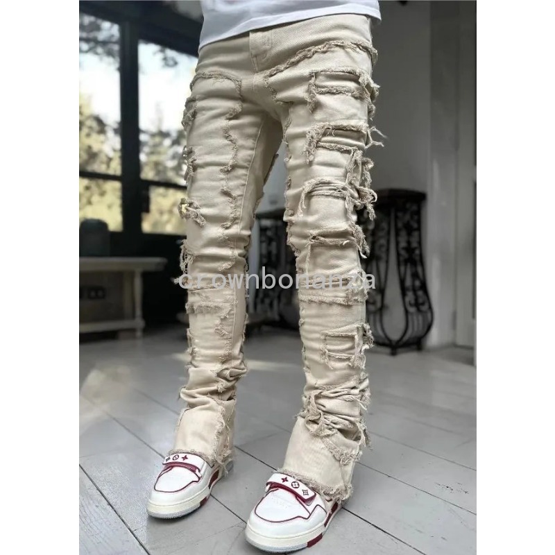 Men's Jeans Stretched White Stacked High Street Hip- Trousers For Male Patchwork Damaged Full Length Denim Pants