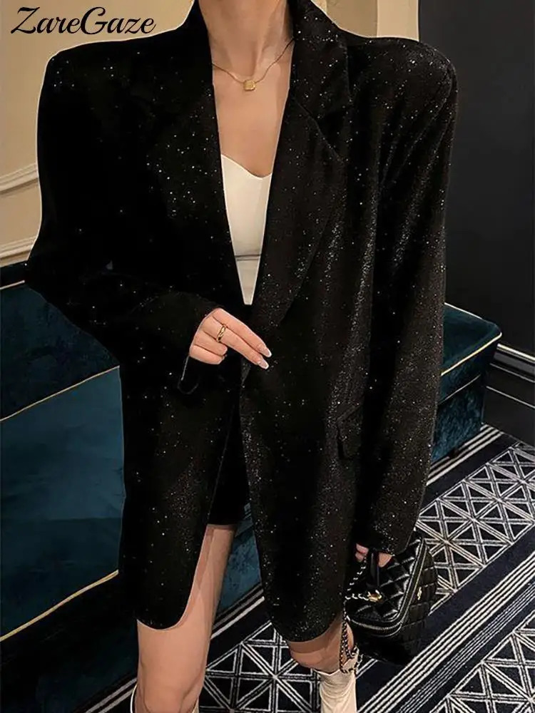 Shiny Sequined Fashion Loose Coat Women Long Sleeve Pockets Single Button Female Overcoats Autumn Elegant Party Lady Coats 240118