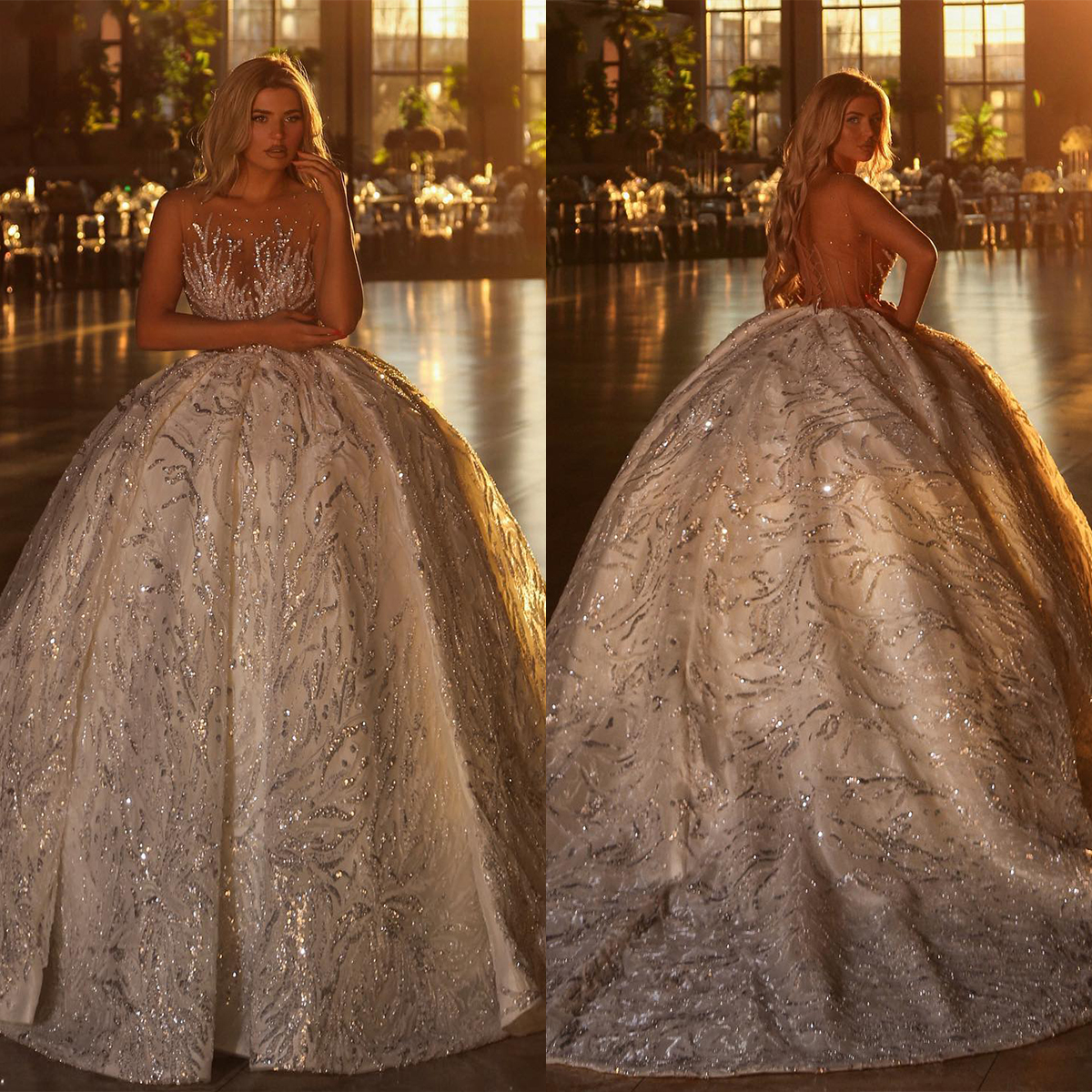 Shinny Ball Gown Wedding Dresses Sheer O Neck Luxury Crystal Sequined Saudi Arabian Dubai Bridal Gowns Plus Size
