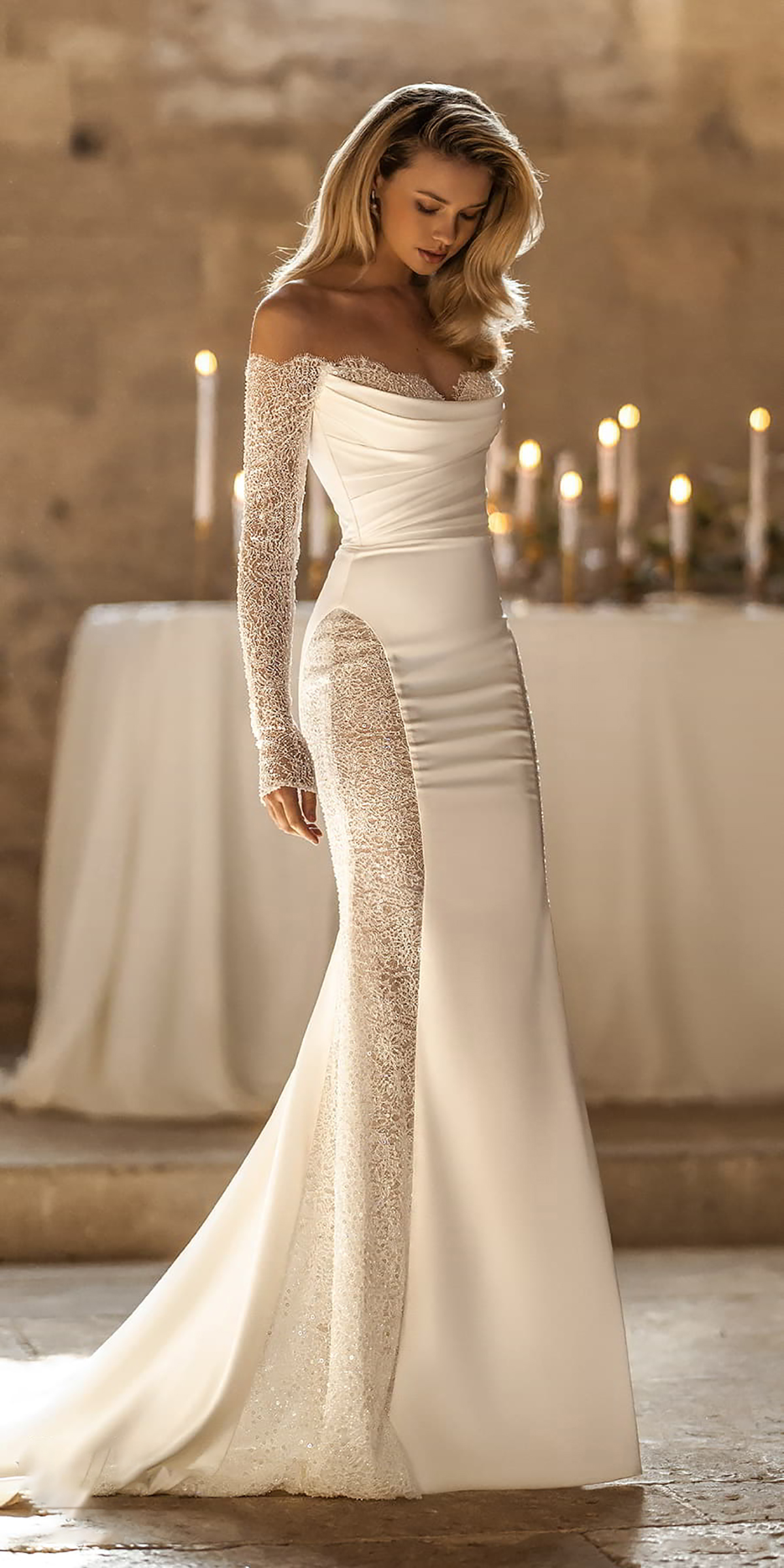 Chic Mermaid Wedding Off Shoulder Long Sleeve Bridal Gowns Lace Sequins Satin Or Length Bride Dresses Custom Made 0219