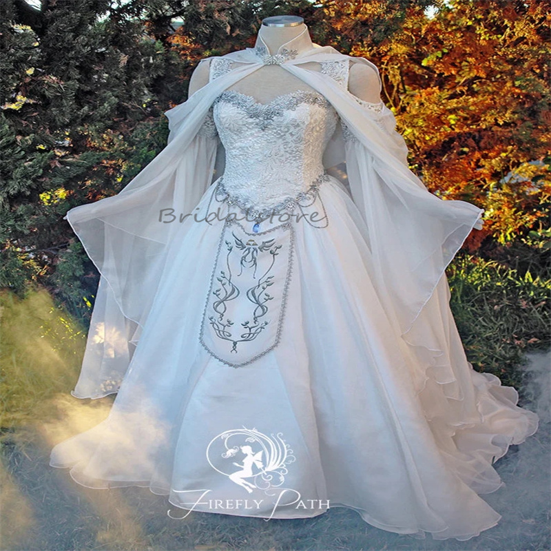 Medieval Wedding Dresses Elven Cape Hood Fairy Long Sleeves Lace Embroidery Renaissance Celtic Bridal Gowns Fantasy Victorian Bride Gown Elf Robe De M
