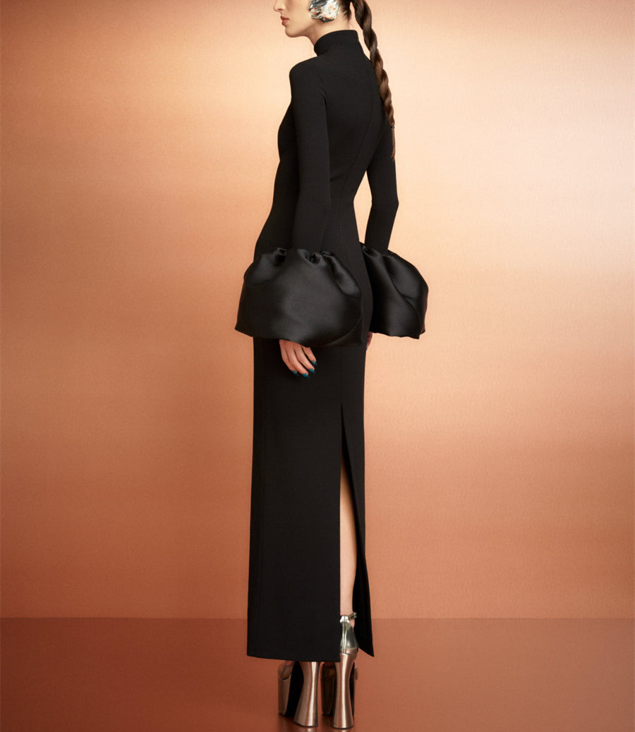Elegant Long Sleeve Black High Neck Crepe Prom Dresses With Slit Sheath Ankle Length Party Dress Maxi Formal Evening Dresses for Women
