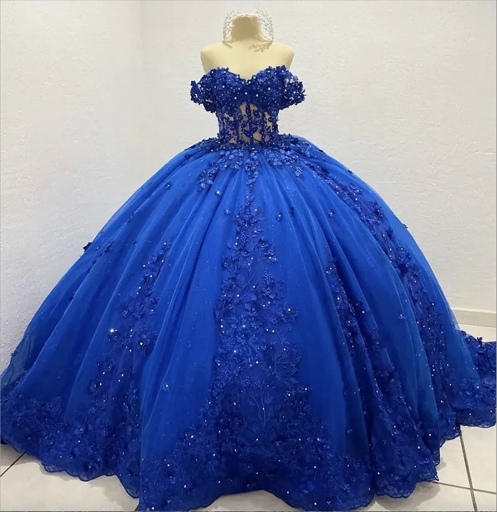 Royal Blue Quinceanera Dresses Lace Applique Off The Shoulder Beaded Sweep Train Corset Back Sweet Birthday Party Prom Ball Evening Vestidos 6660306