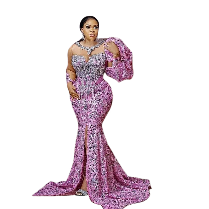 Arabic Aso Ebi Pink Lace Mremaid Prom Dresses Front Split Long Sleeves Chic Special Occasion Dress For Women 2025 Plus Size Evening Gowns