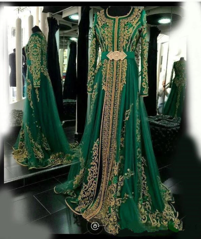 Elegant Arabic Kaftan Dark Green Evening Dresses Long Sleeves A Line Dubai Turkish Formal Party Gowns Gold Lace Crystals Moroccan Prom Occasion Dress 